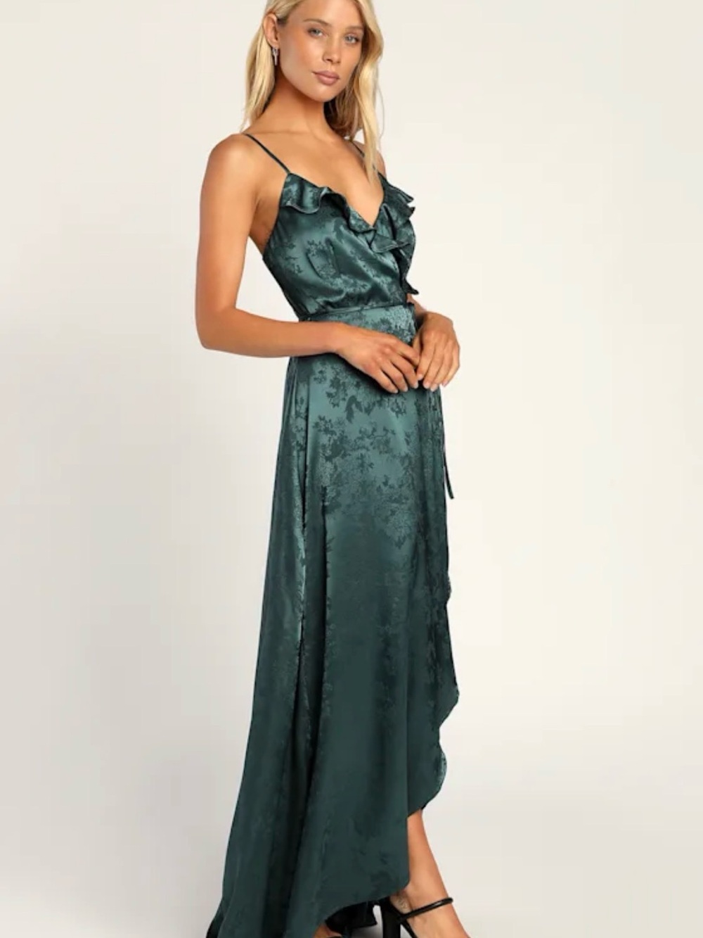 Emerald Green Satin Wrap Maxi Dress with slight tear - Picture 2 of 8